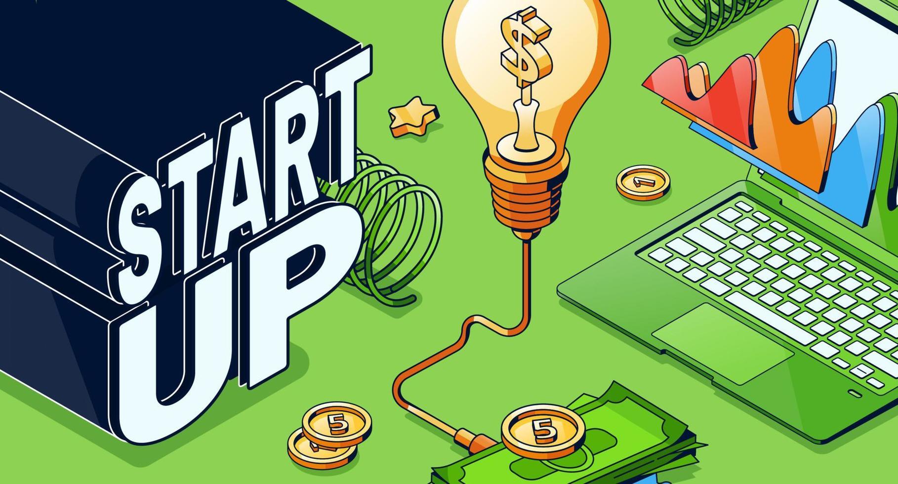 Startup isometric concept with glowing light bulb vector