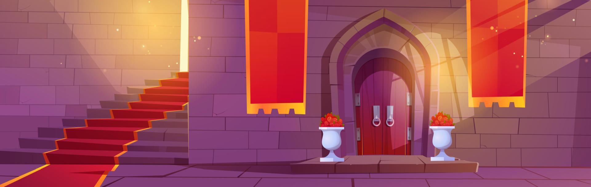 Medieval castle interior with wooden arched door vector