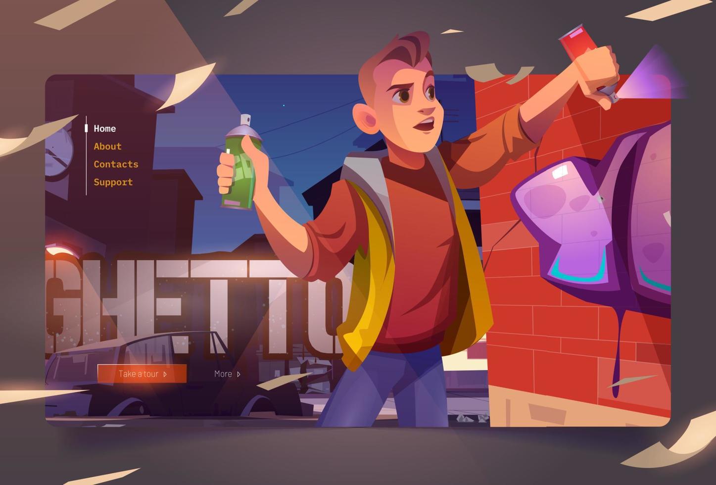 Graffiti painter in night ghetto cartoon landing vector