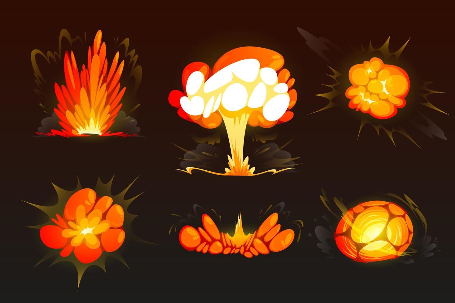 Cartoon bomb explosion set. Clouds, boom effect vector