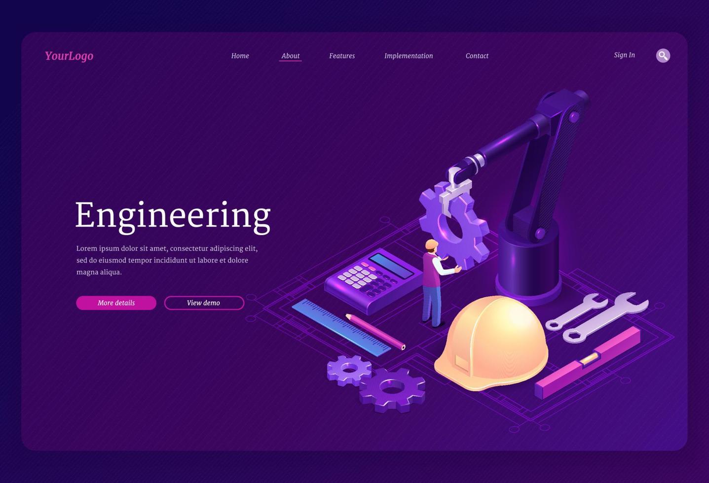 Engineering isometric landing, robotics factory vector
