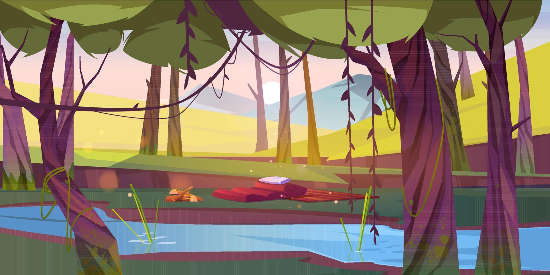 Tourist halt at forest pond, camping place in wood vector