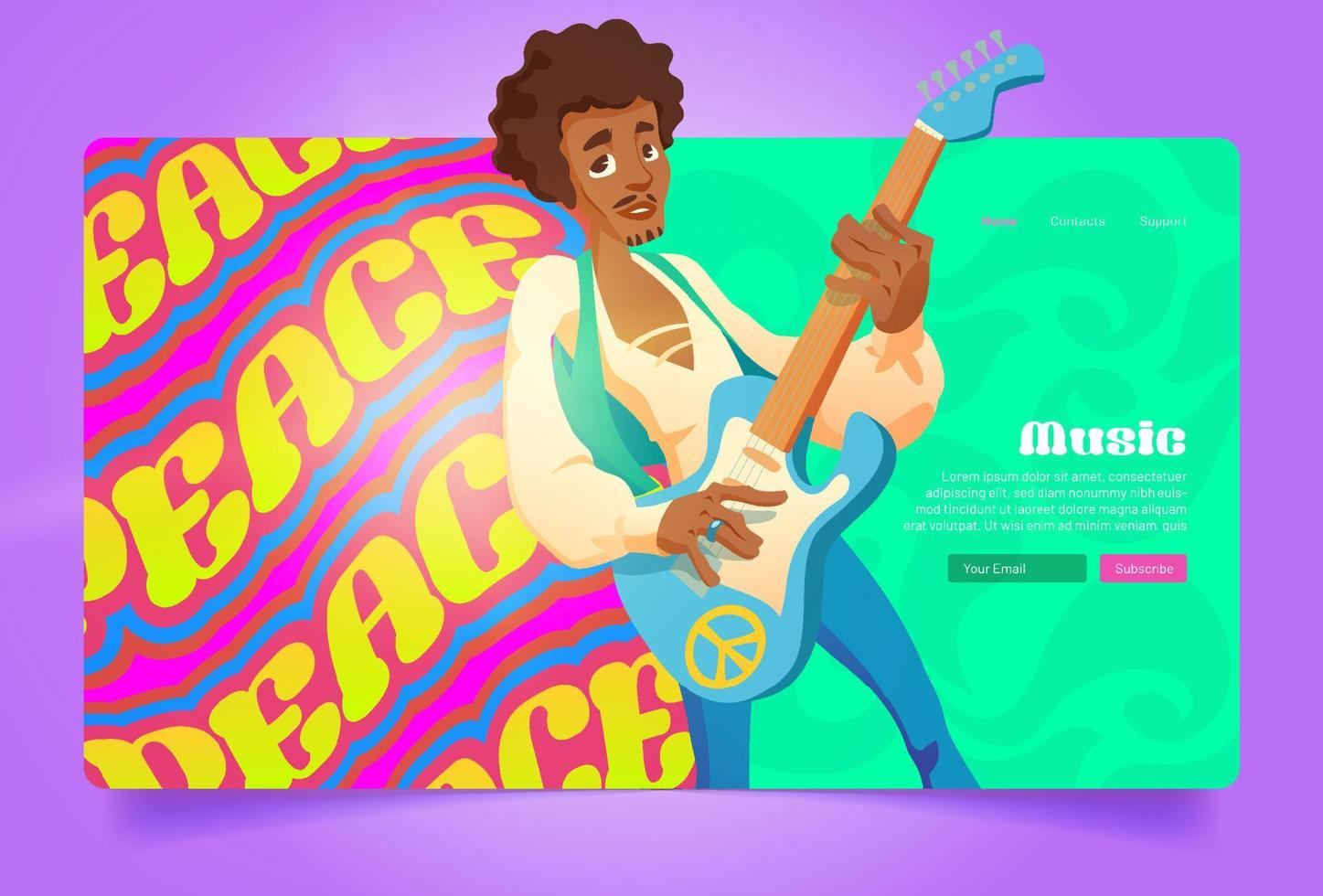 Hippie peace music cartoon landing page, musician vector