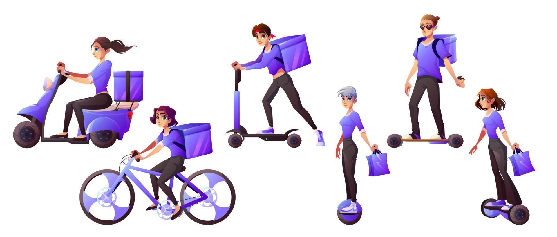 Delivery service workers riding electric transport vector
