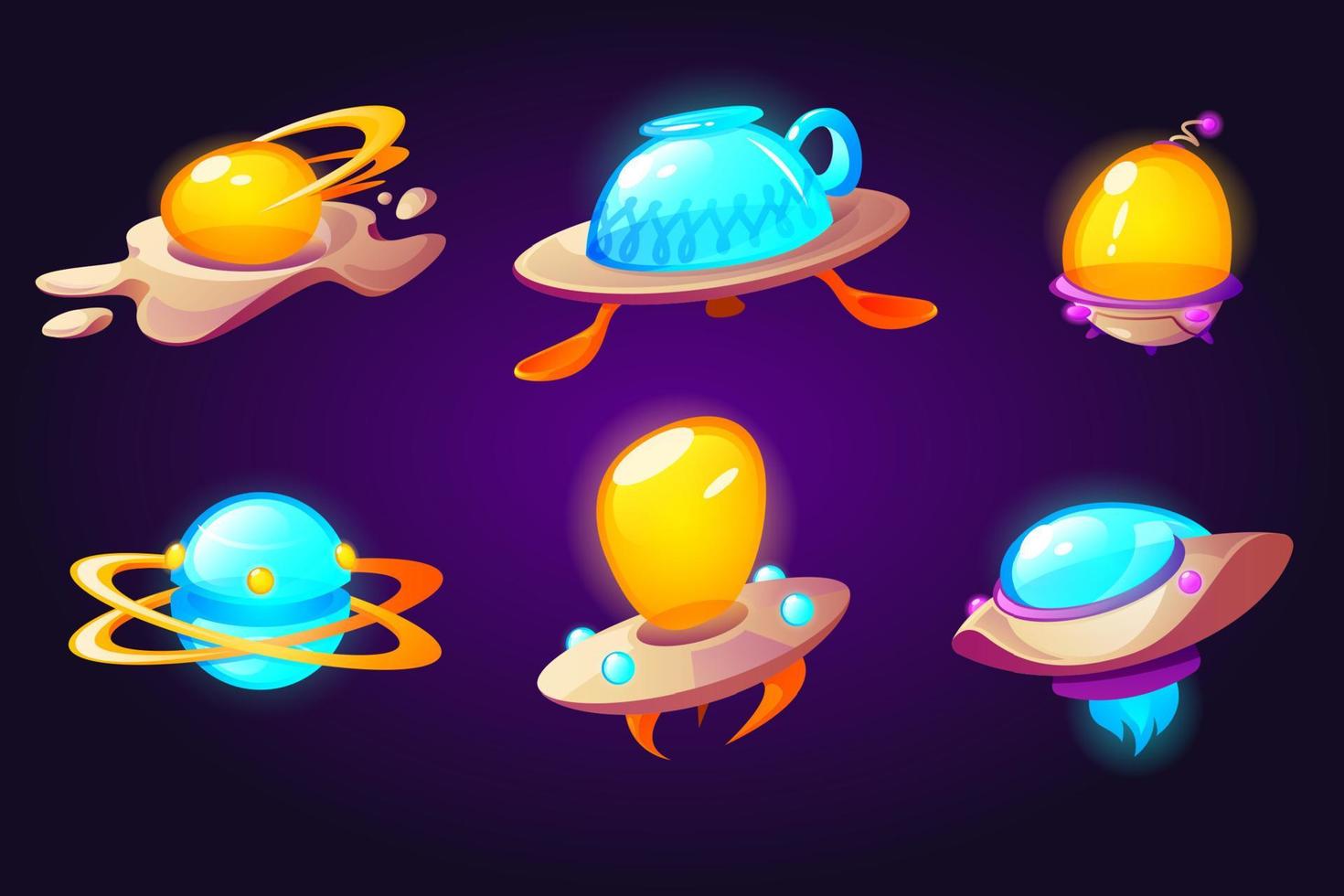 Ufo, alien space ships scrambled eggs, cup, plate vector