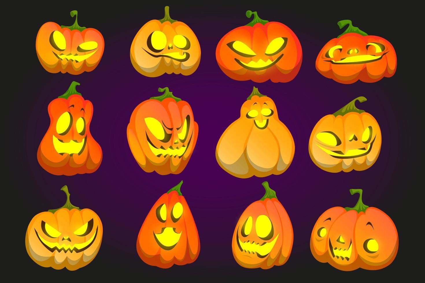 Halloween pumpkin funny faces, jack-o-lanterns set vector