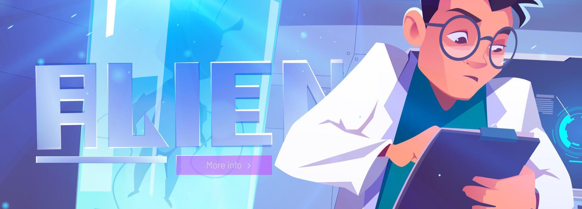 Alien in cryonics capsule cartoon landing page vector