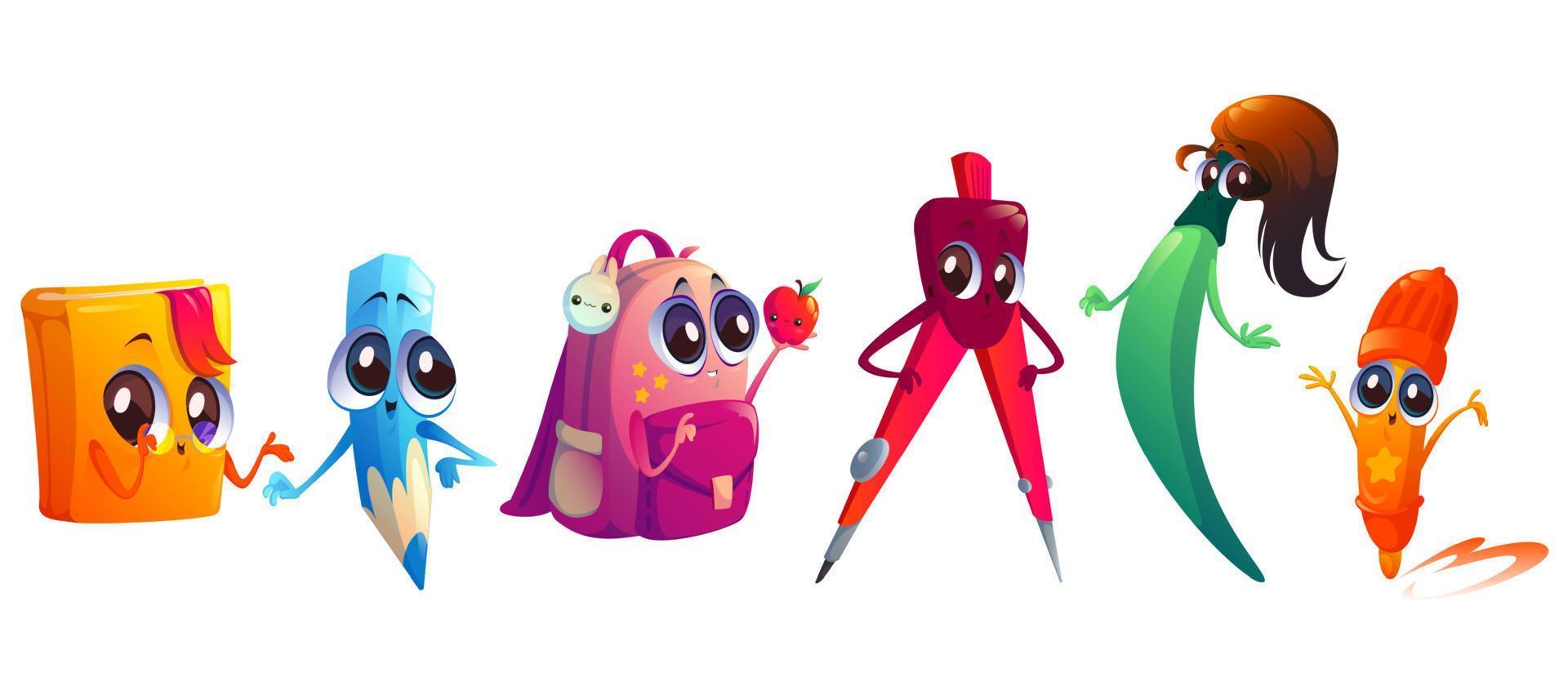 School supplies cartoon characters, cute mascots vector