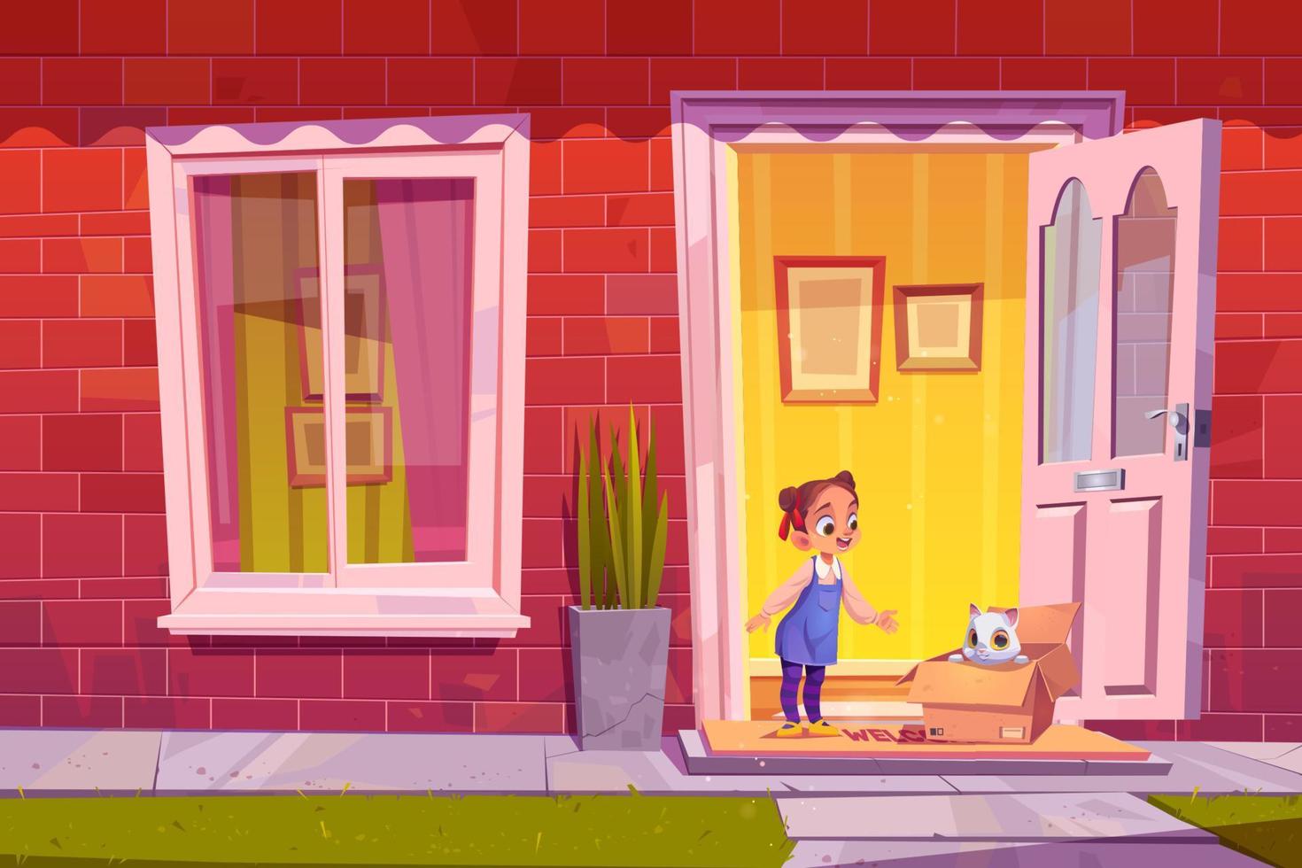 Happy little girl find kitten in box at home door vector