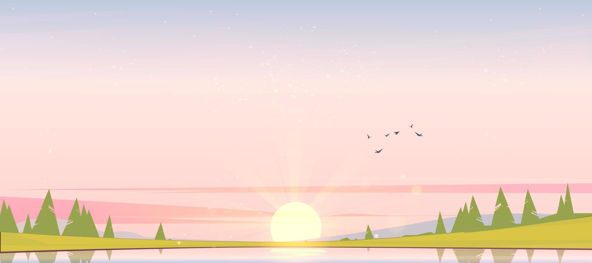 paisaje de amanecer con lago y árboles vector