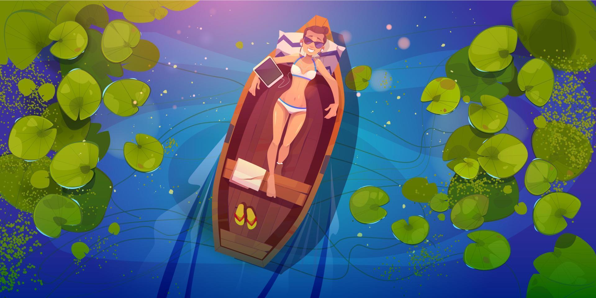 Woman in bikini relaxes in boat floating in river vector