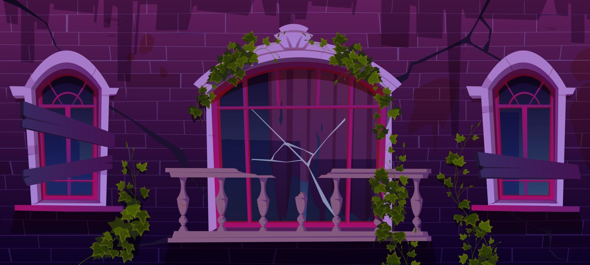 Ivy on antique abandoned building facade at night vector