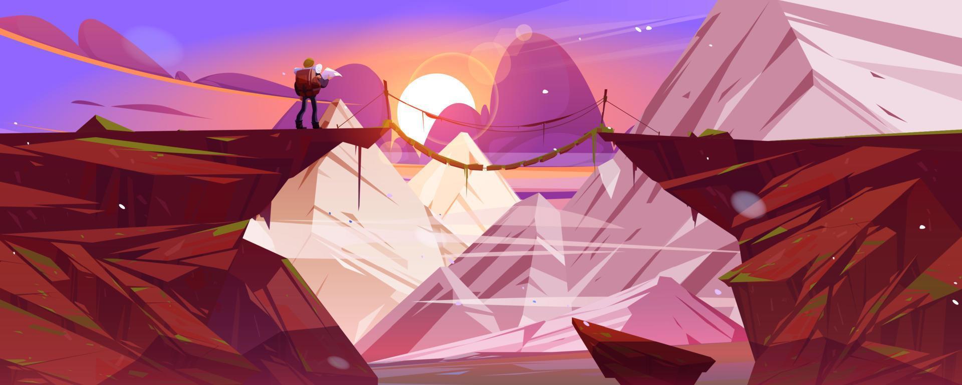 Mountain landscape at sunset with hiker and bridge vector