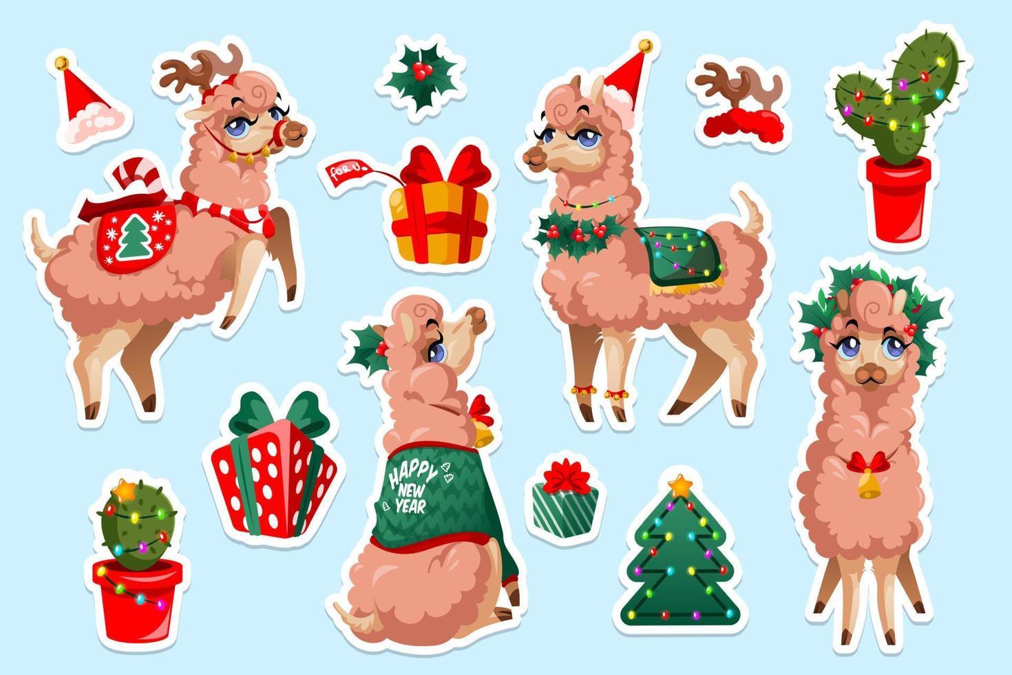 Set of stickers with New Year Llama, vicuna animal vector