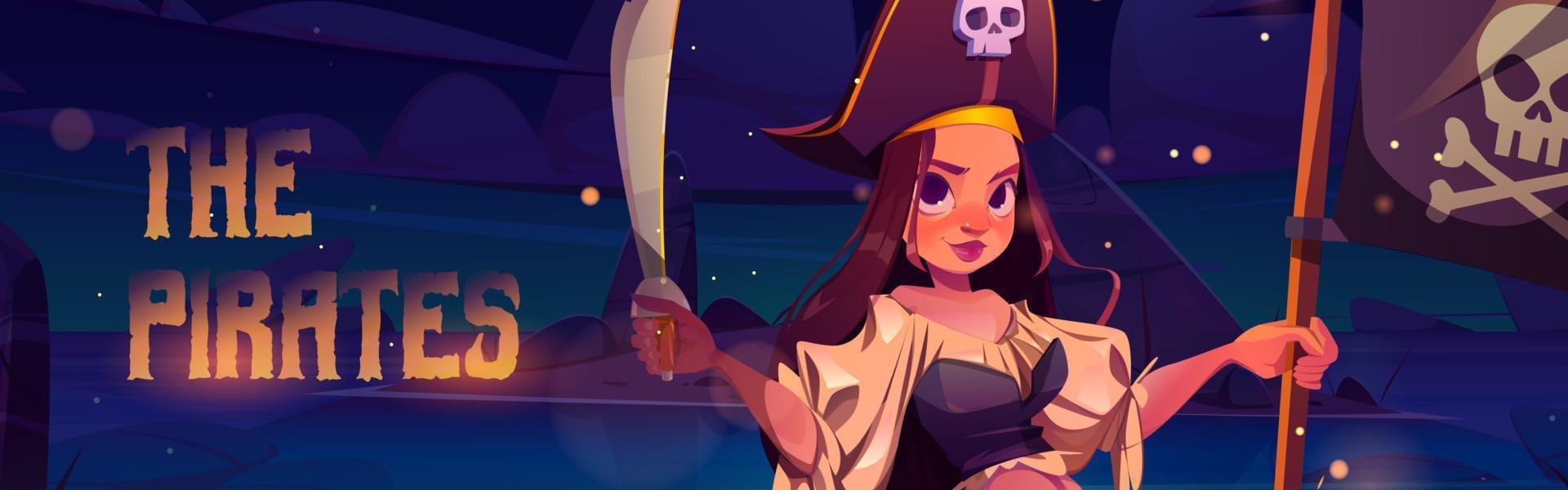 Girl pirate with sword and black flag with skull vector