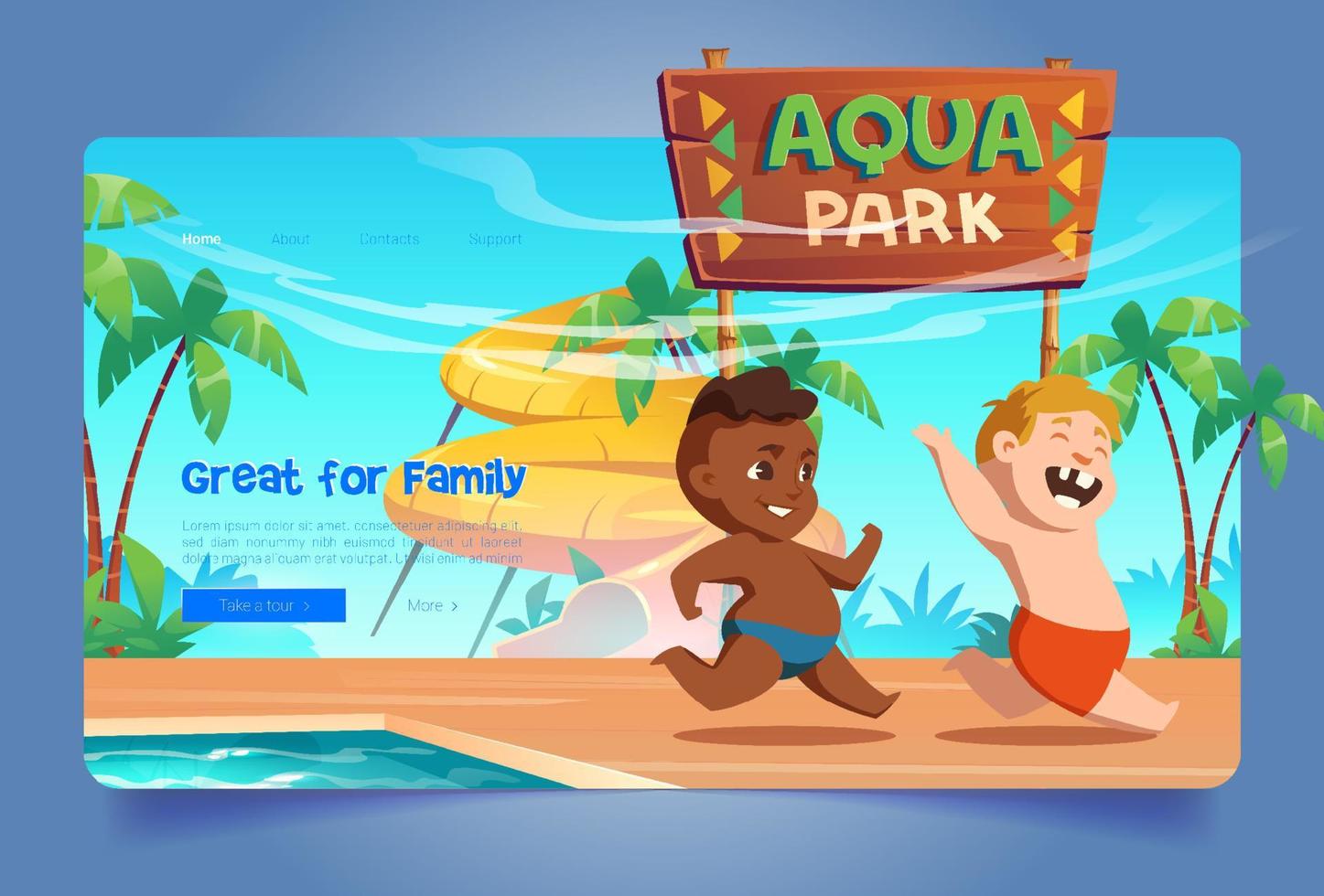 Aquapark cartoon landing with kids playing park in vector