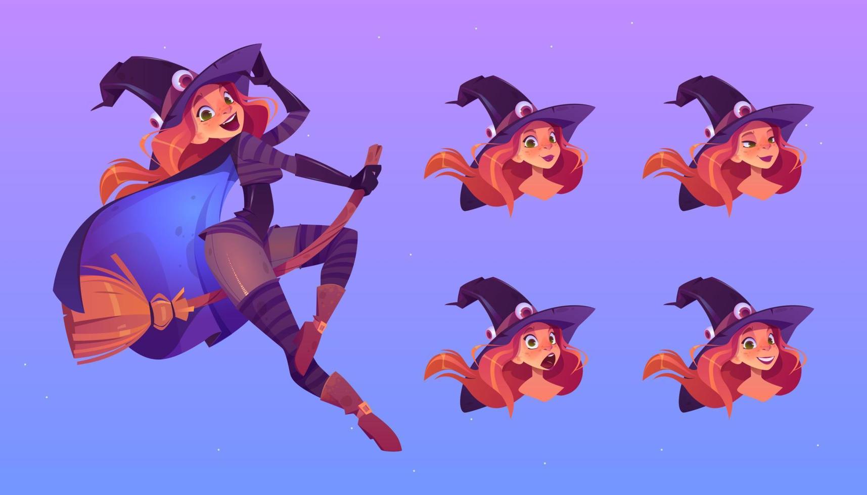 Witch flying on broom, beautiful redhead woman vector