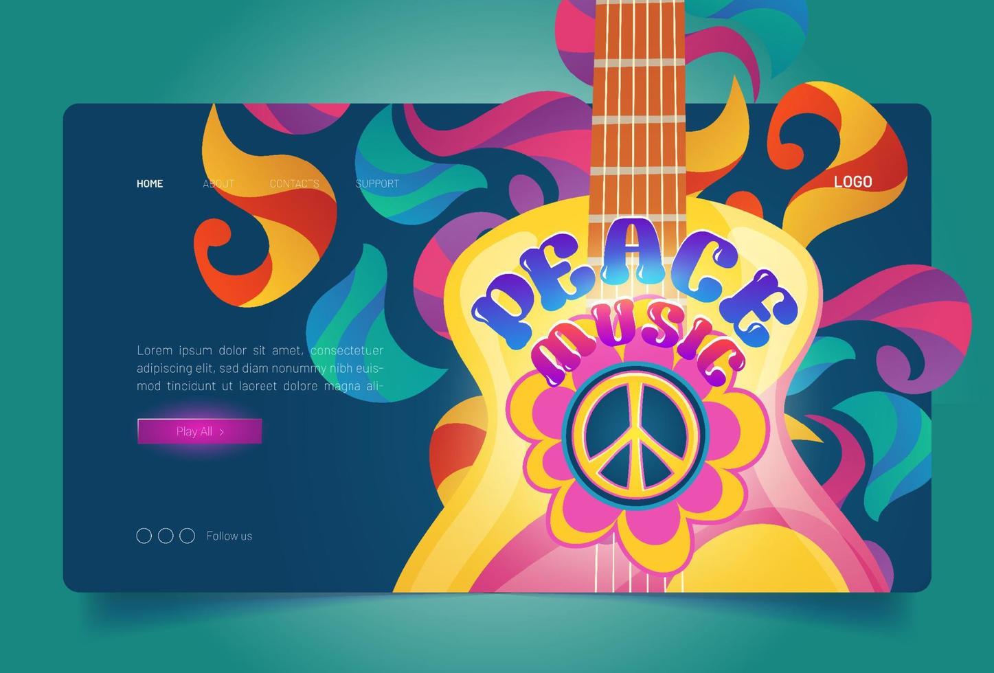 pancarta de música de paz con letrero hippie y guitarra vector