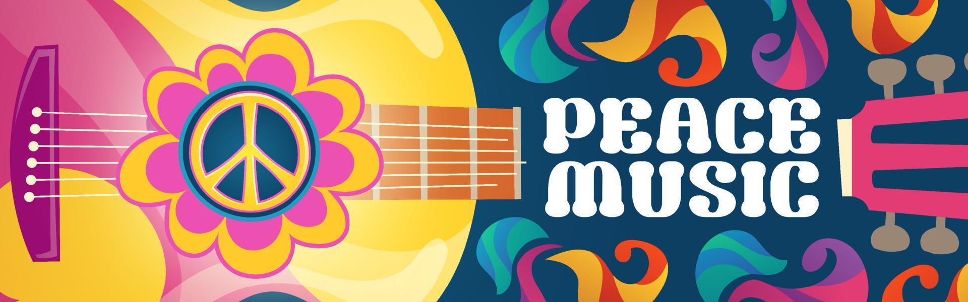 Hippie music cartoon banner with acoustic guitar vector