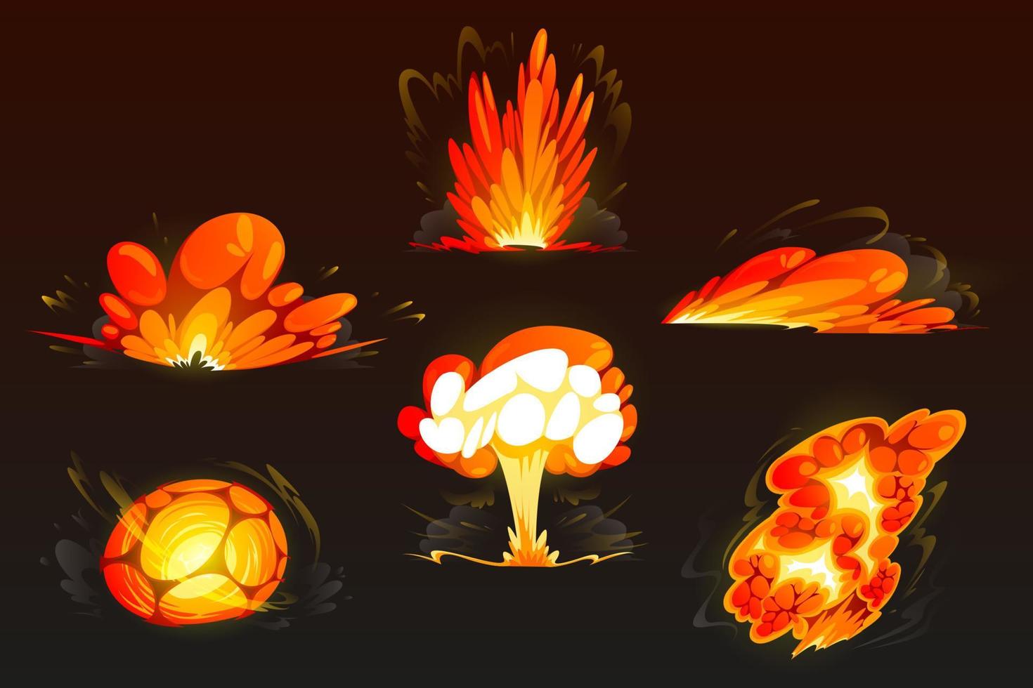 Cartoon bomb explosion set. Clouds, boom effect vector