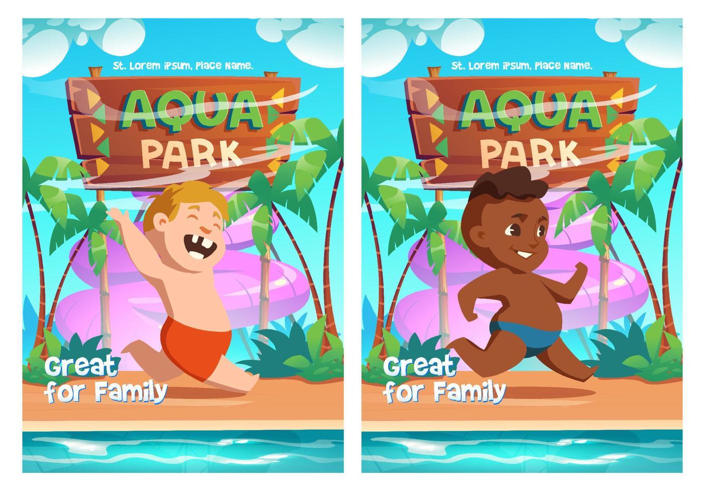 Aqua park cartoon posters kids playing in aquapark vector