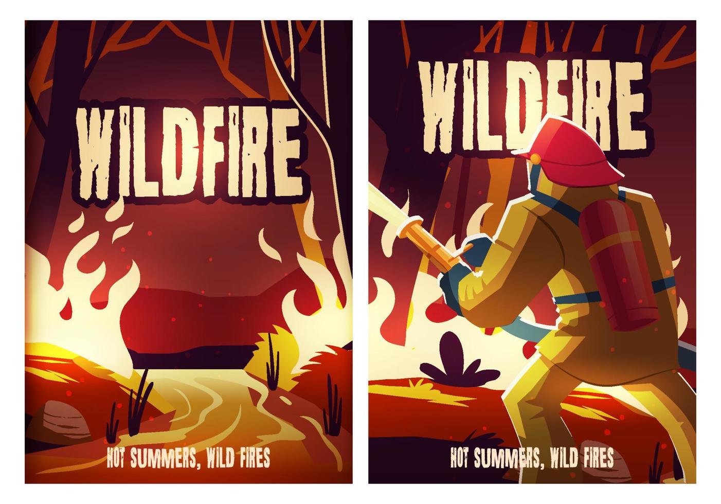 Wildfire posters with burning forest and fireman vector