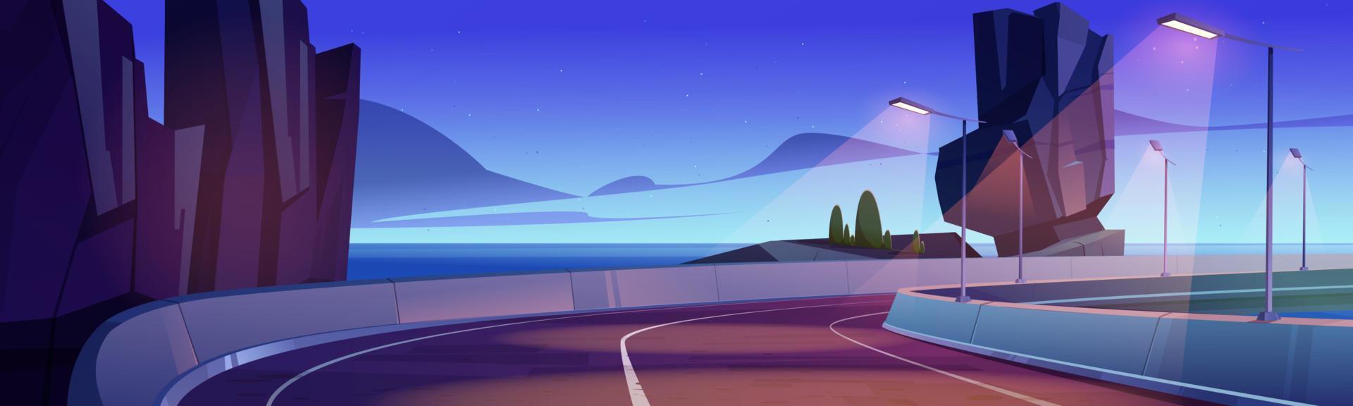 Car road on sea shore at sunset or sunrise vector