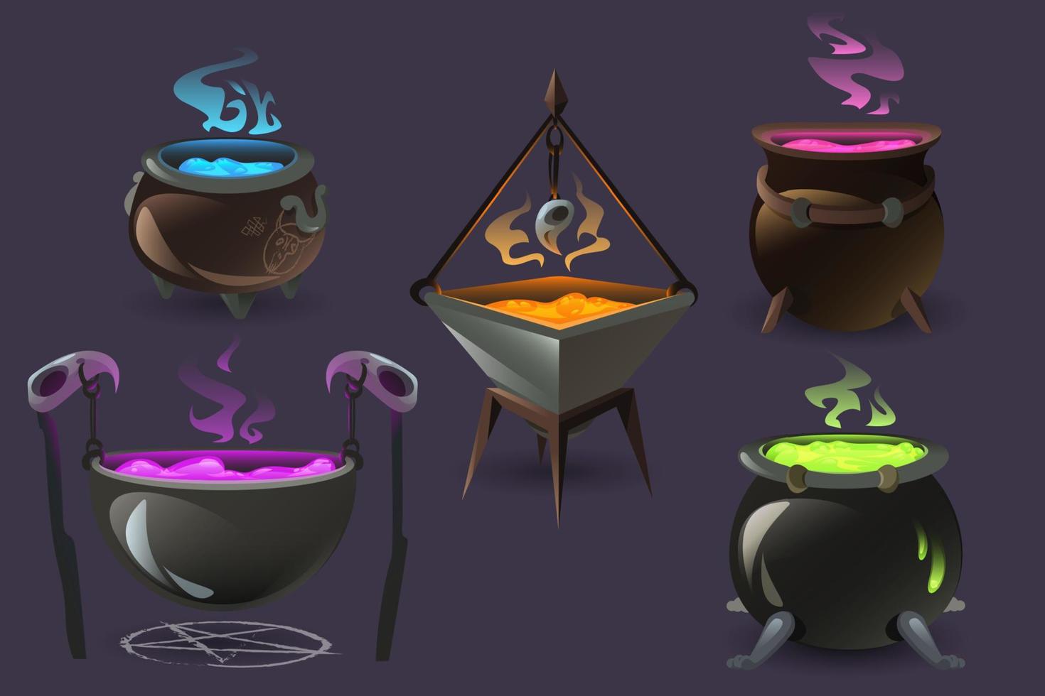 Witch cauldrons with boiling magic potions vector