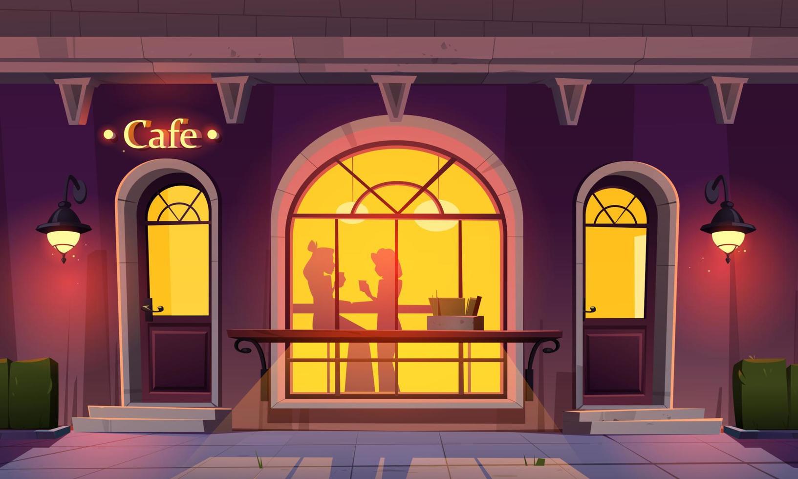 Girls in cafe, women silhouettes cafeteria window vector