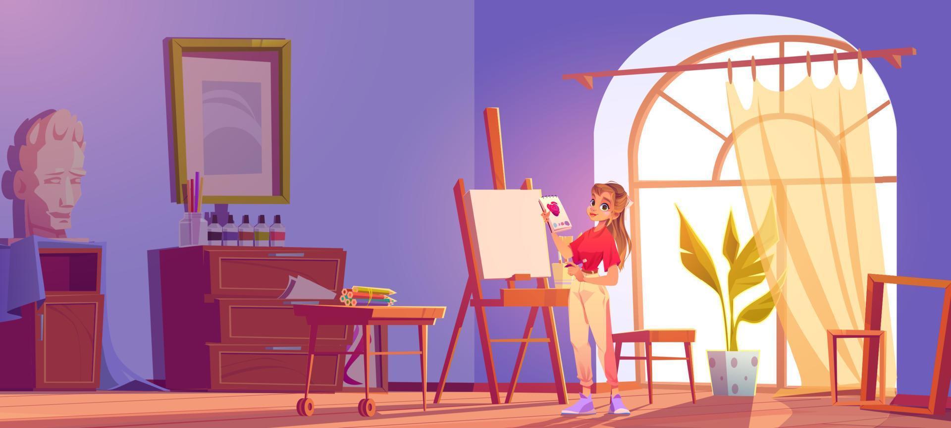 banner de dibujos animados de la escuela de arte. chica artista en caballete vector