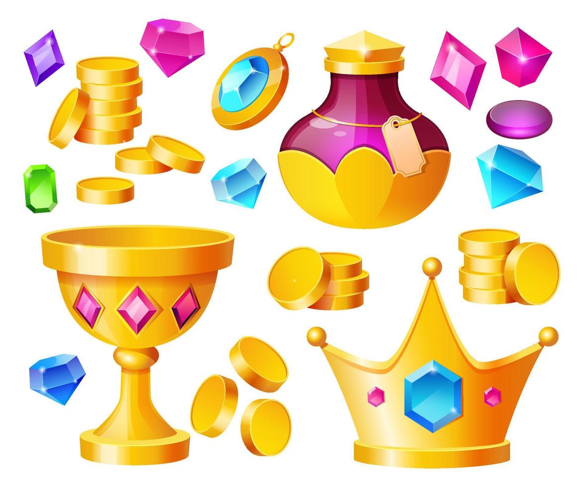 Treasure, magic items golden coins, crystal gems vector