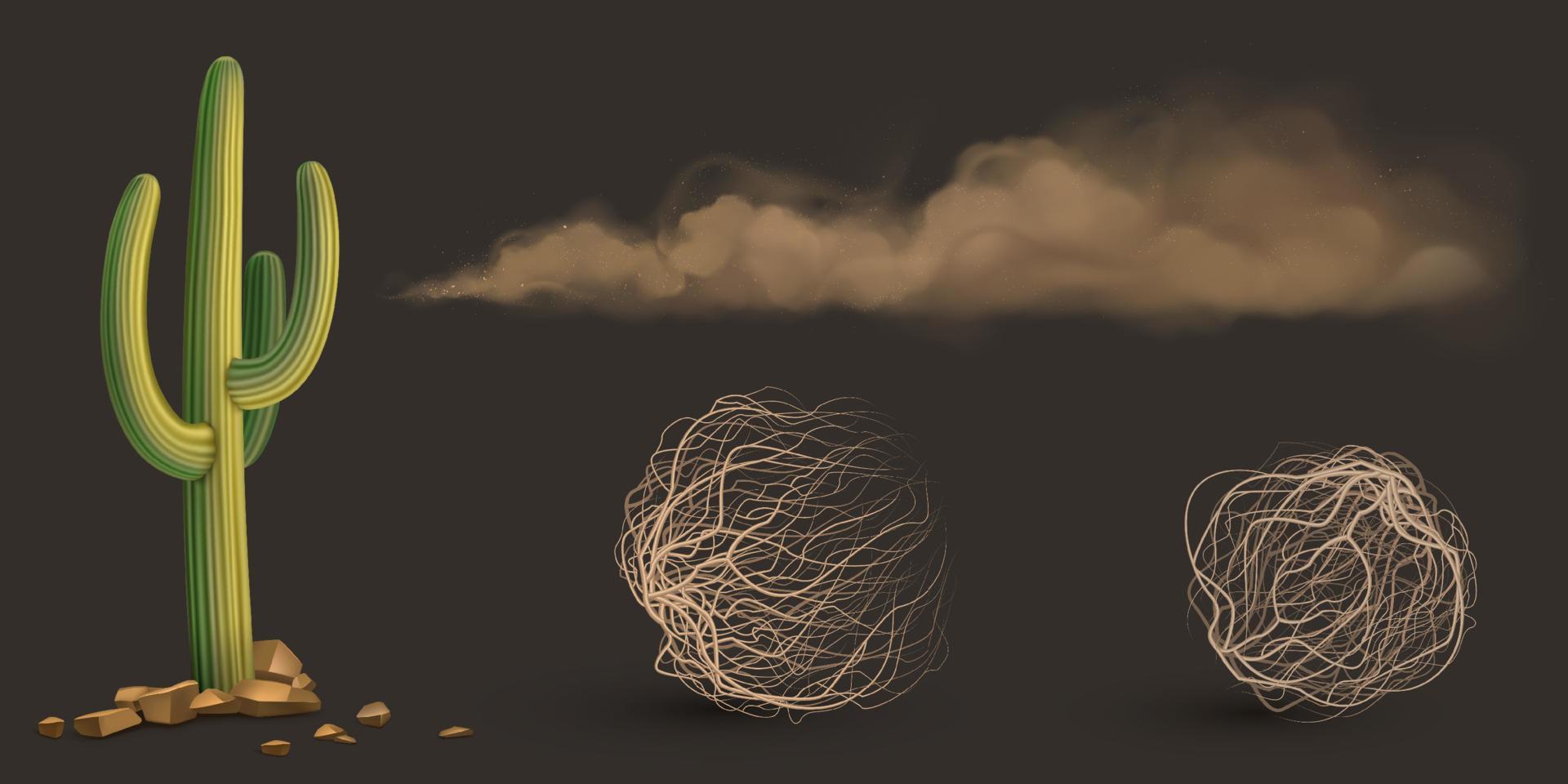 Cactus, brown dust clouds and tumbleweed vector