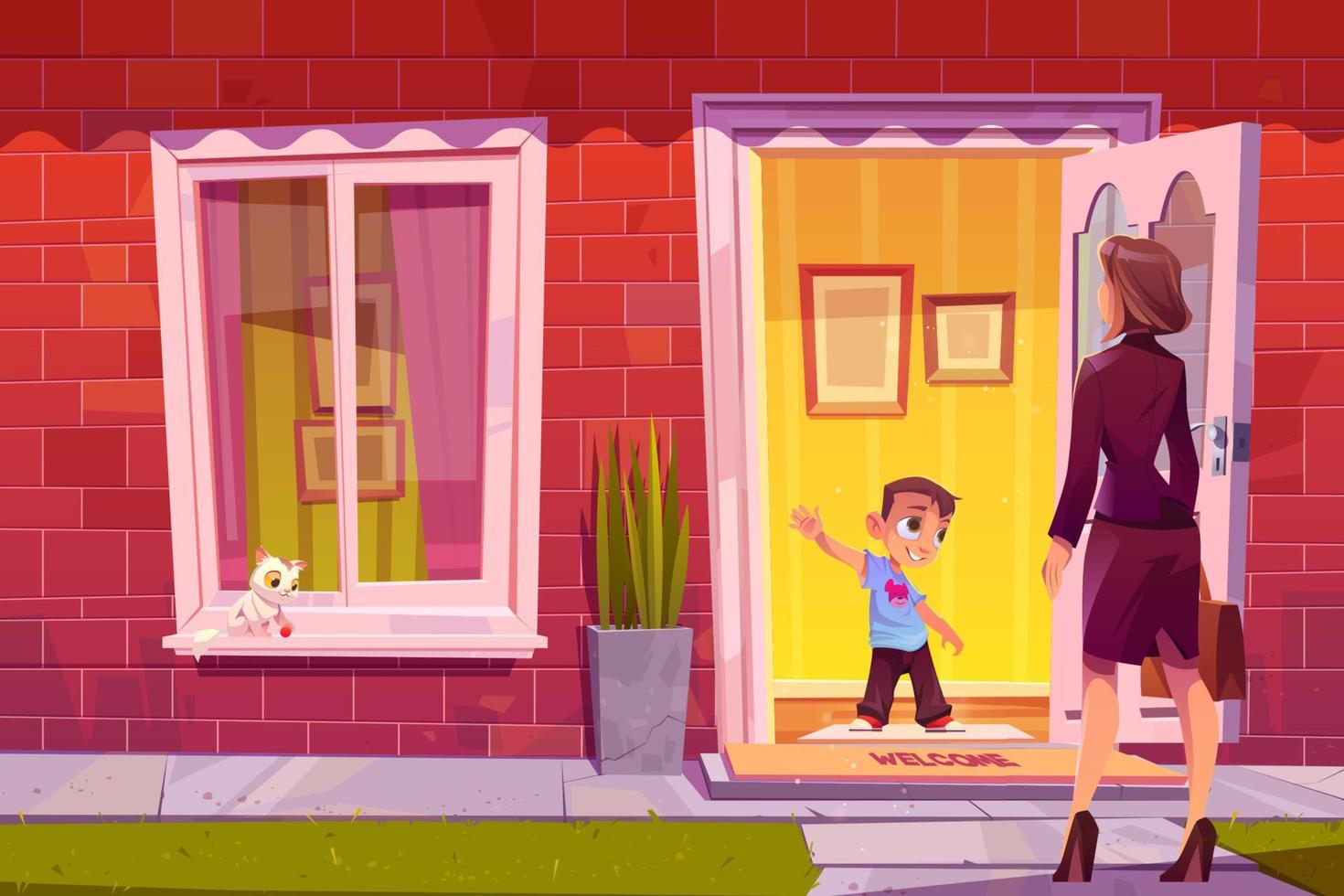 Boy greeting mother at house door vector