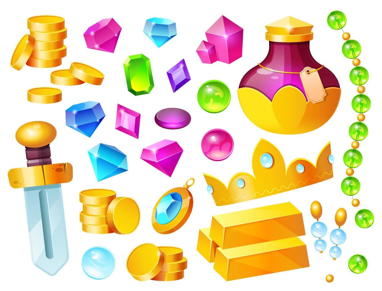 Treasure, magic items golden coins, crystal gems vector