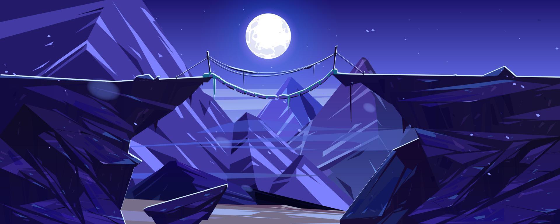 Suspended mountain bridge above cliff at night vector
