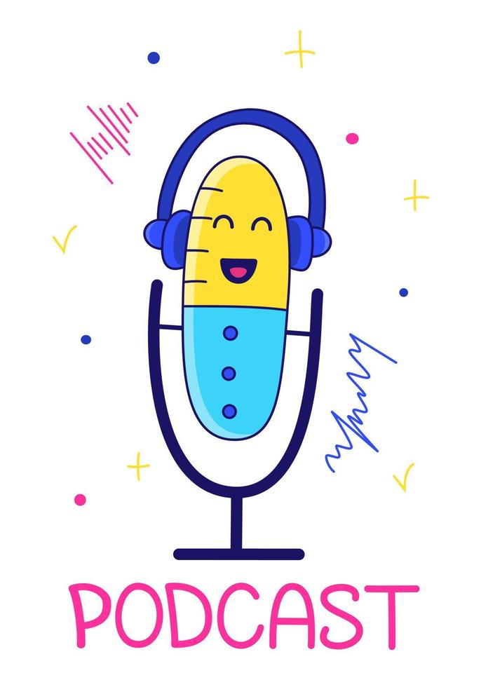 icono de dibujos animados de micrófono y auriculares con podcast de inscripción. equipos de grabación de sonido, herramientas de medios, artículos de estudio de podcast, instalaciones de transmisión. dibujo de color aislado de micrófono y auriculares vector