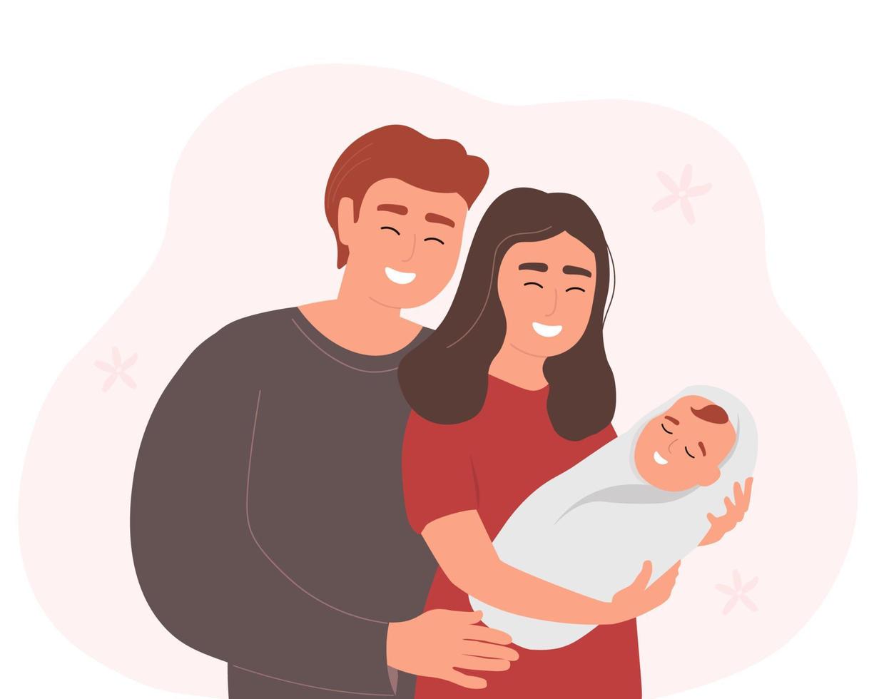 A mother with a baby in her arms and a father hugging. Happy loving family. Vector graphics.