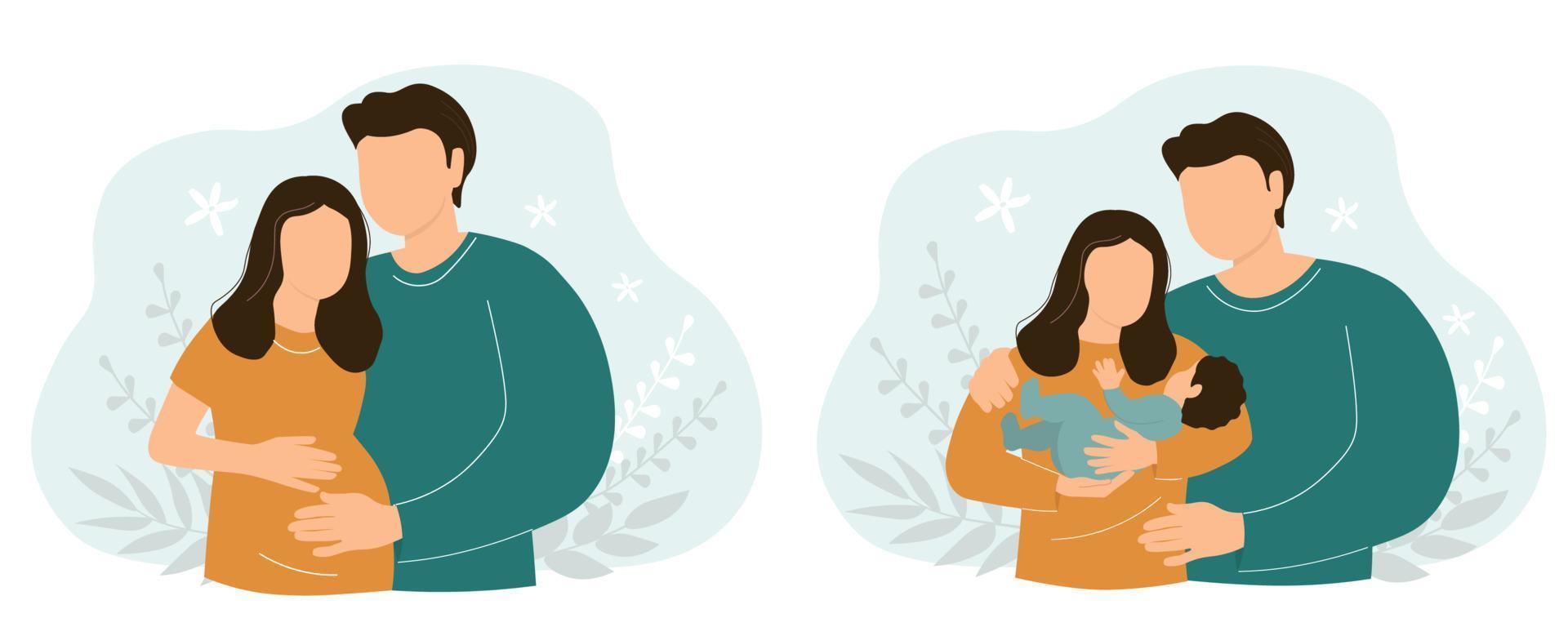 A couple expecting a baby. A man and a woman with a newborn in their arms. Happy family, mother and father with a baby. Vector graphics.