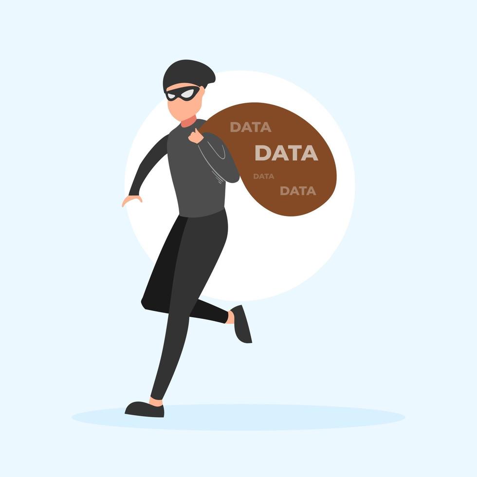 Cute flat illustration cartoon of thief hacker stealing data money for web sticker icon mascot logo vector