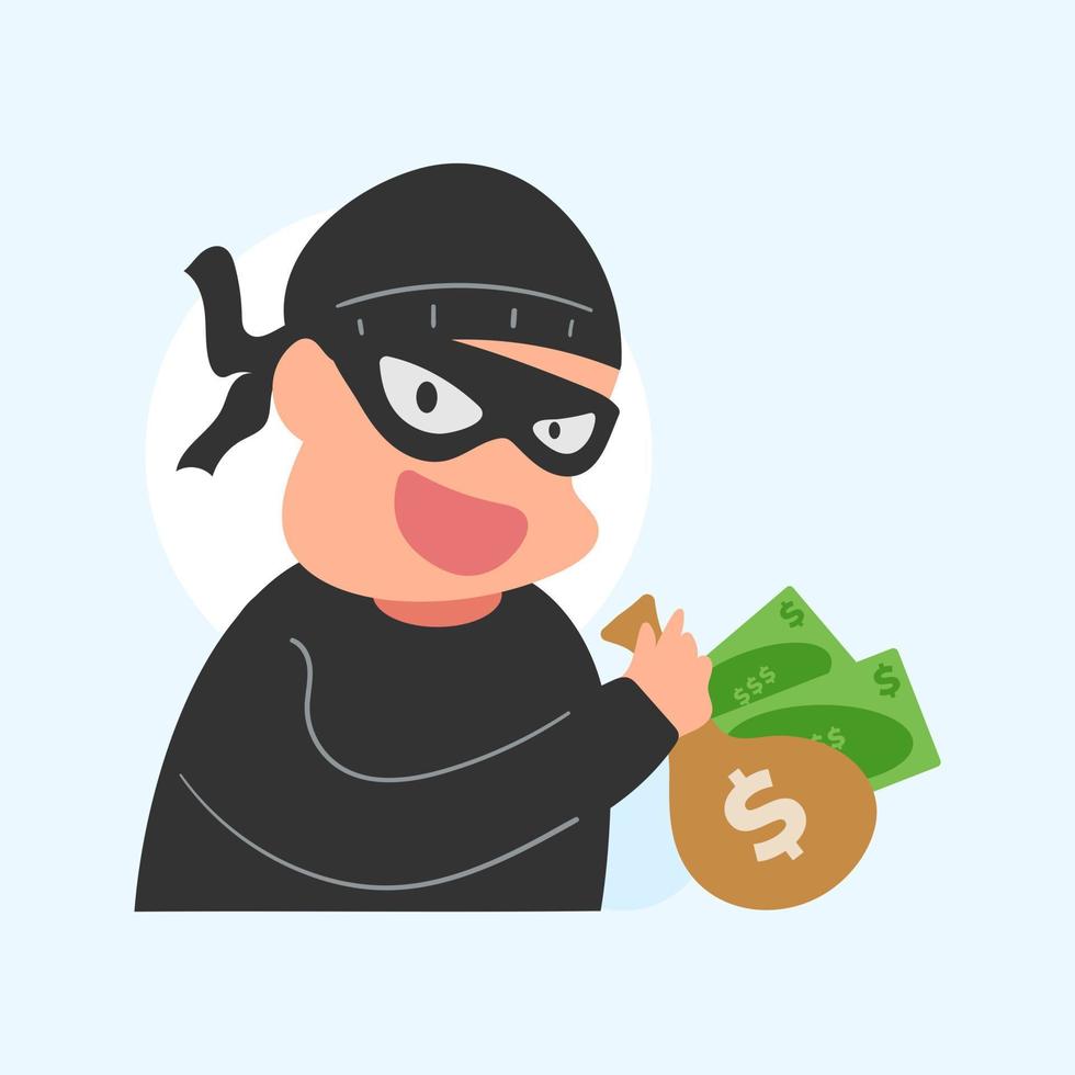 caricatura de ilustración plana linda del hacker ladrón robando dinero de datos para el logotipo de la mascota del icono de la etiqueta web vector