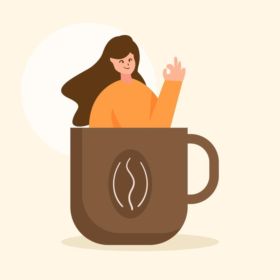 Cute adorable cartoon happy coffee girl woman illustration for sticker icon mascot and logo vector