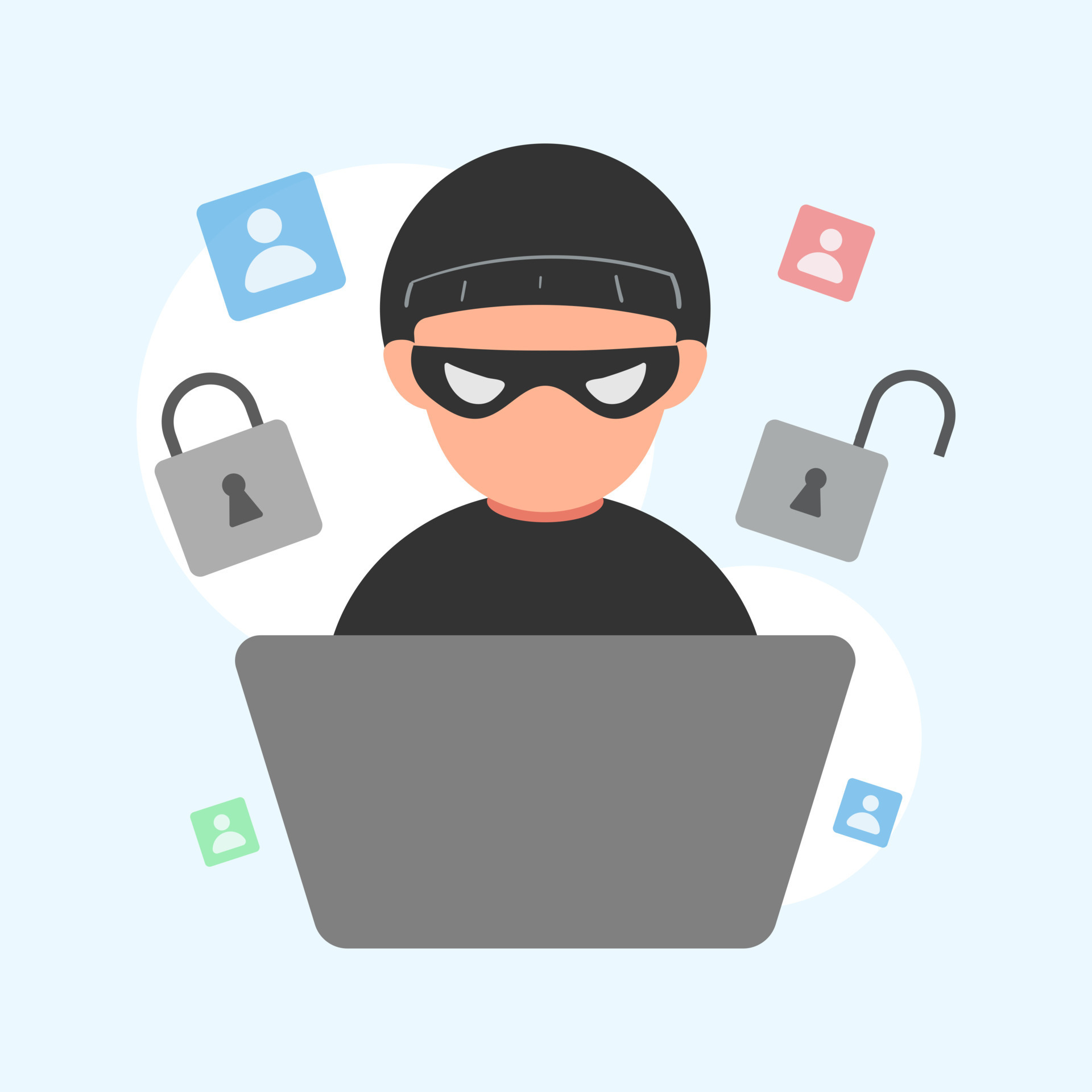 Cute flat illustration cartoon of thief hacker stealing data money for ...