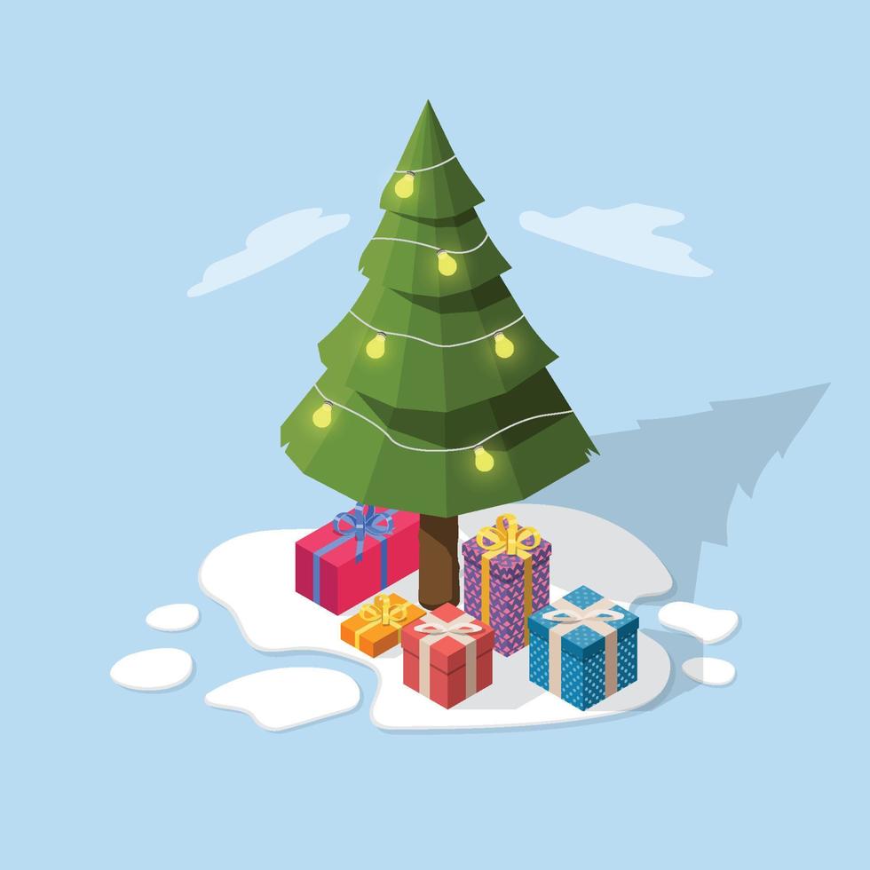 Christmas tree with gift boxes. Happy New Year or Merry Christmas. Vector isometric illustration