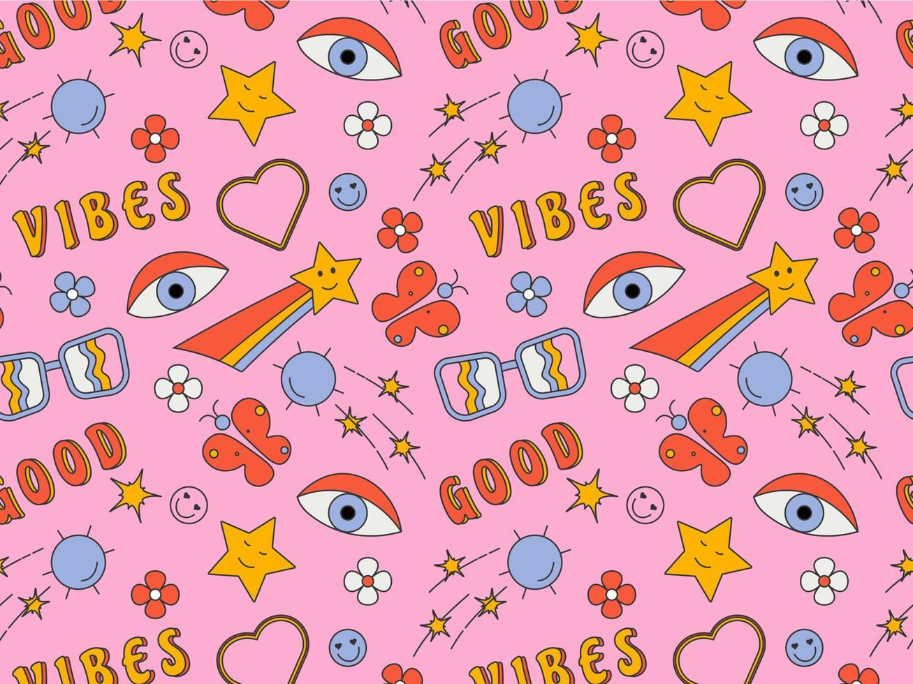 Seamless pattern in retro style of the 70s, flowers, butterflies, rainbow, satellite, stars vector