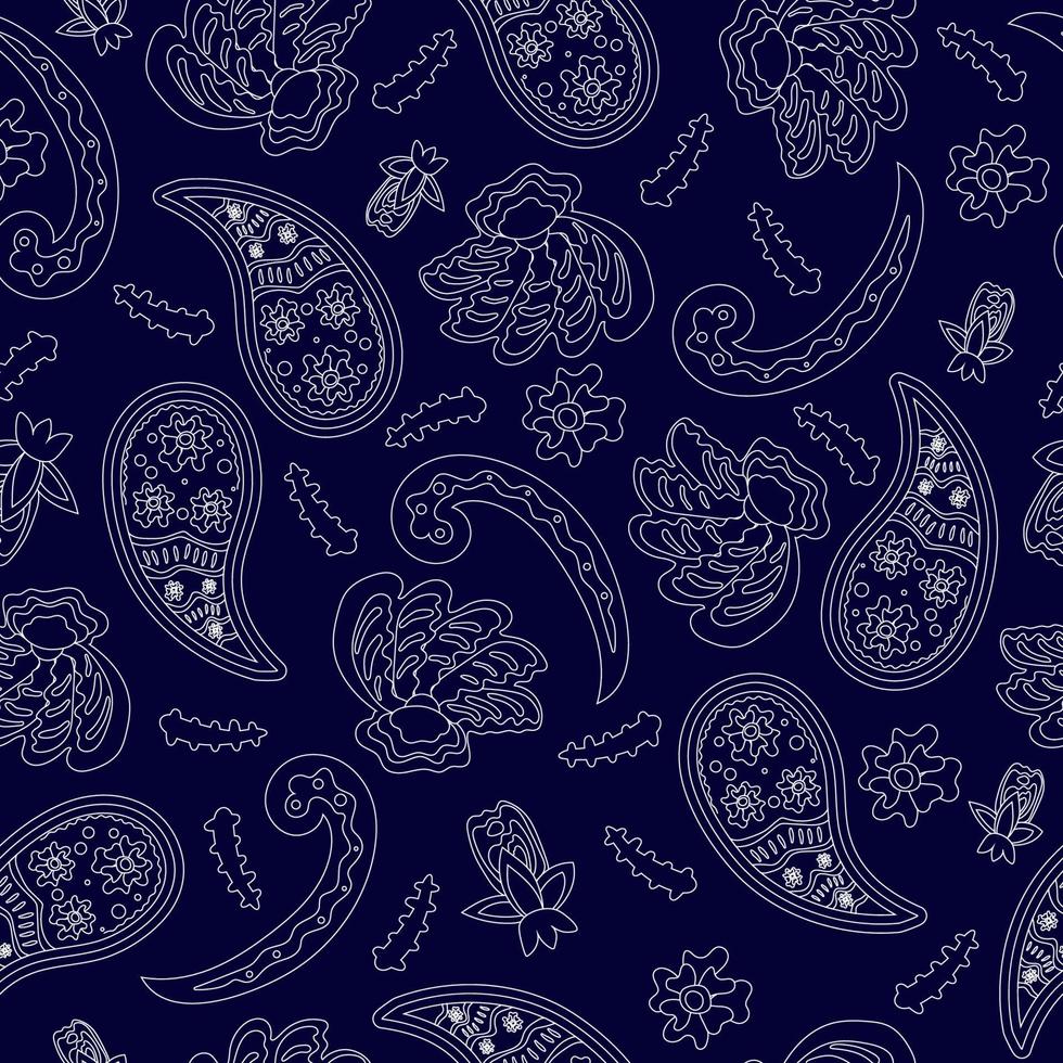 Seamless pattern based on an ornament with a Paisley bandana print, white outline on a dark blue background, scarf around the neck, print on fabric, wallpaper vector