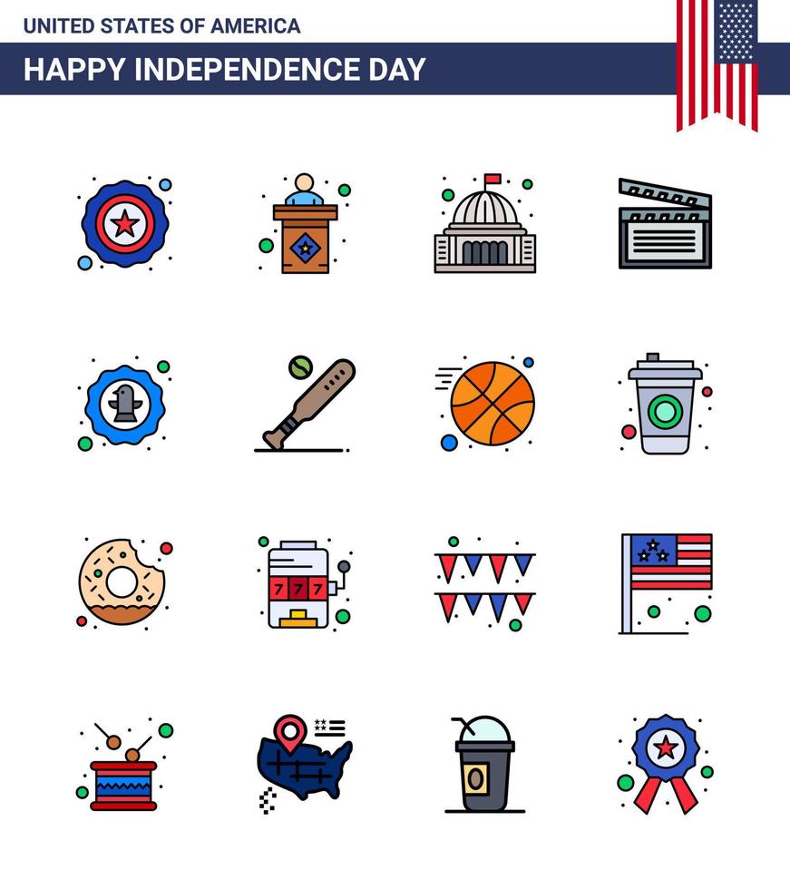 Group of 16 Flat Filled Lines Set for Independence day of United States of America such as bird usa building video american Editable USA Day Vector Design Elements