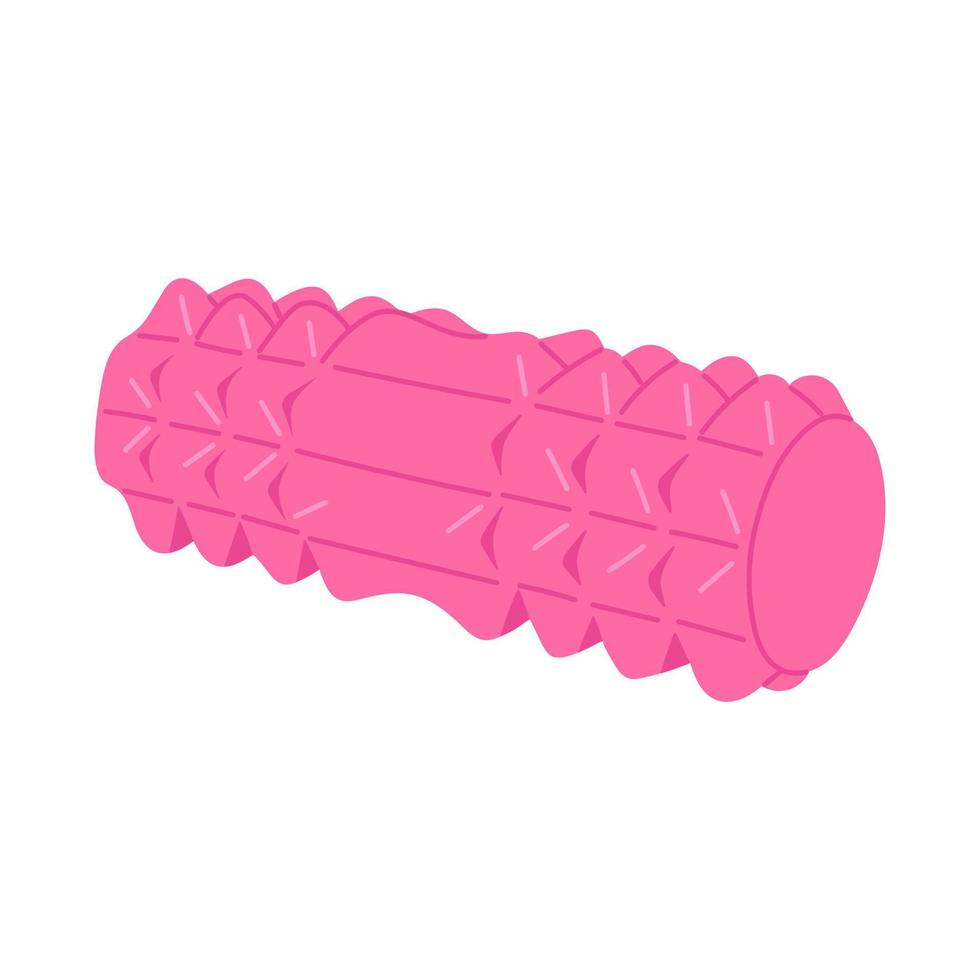 Pink foam roller, cartoon flat vector illustration isolated on white background. Tool for pilates, yoga and self massage. Myofascial release exercise equipment.