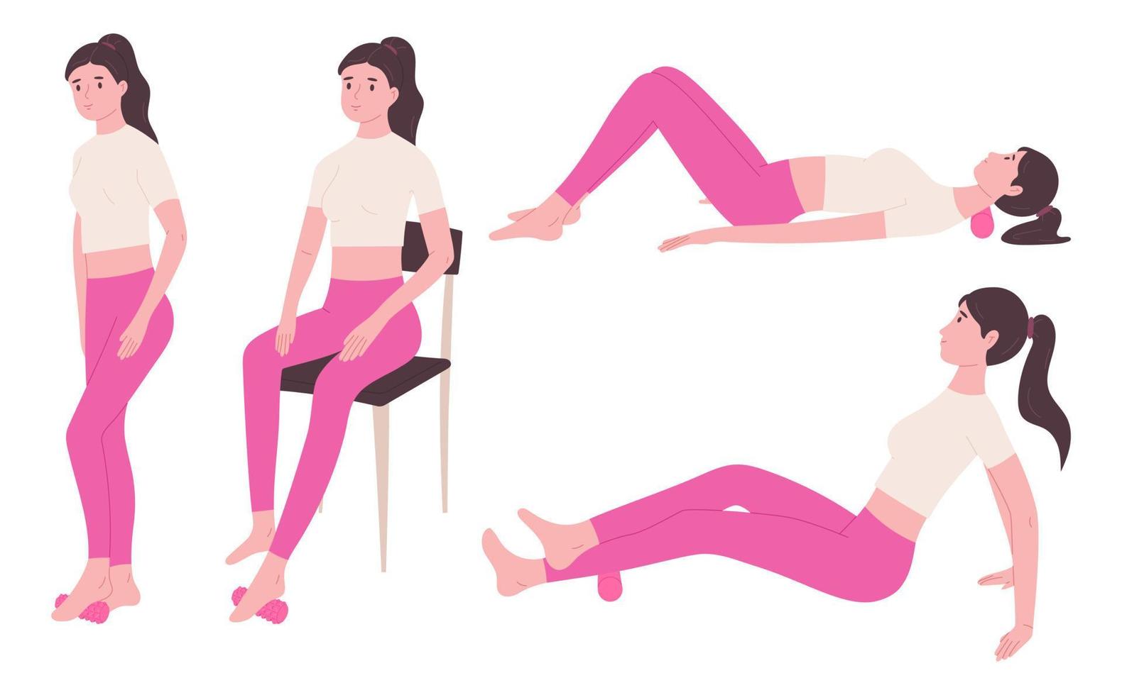 mujer haciendo ejercicio con rodillo de espuma, ilustración vectorial plana aislada en fondo blanco. conjunto de personajes femeninos lindos y saludables haciendo pilates, yoga o automasaje. Estiramiento de cuello, pies y pantorrillas. vector