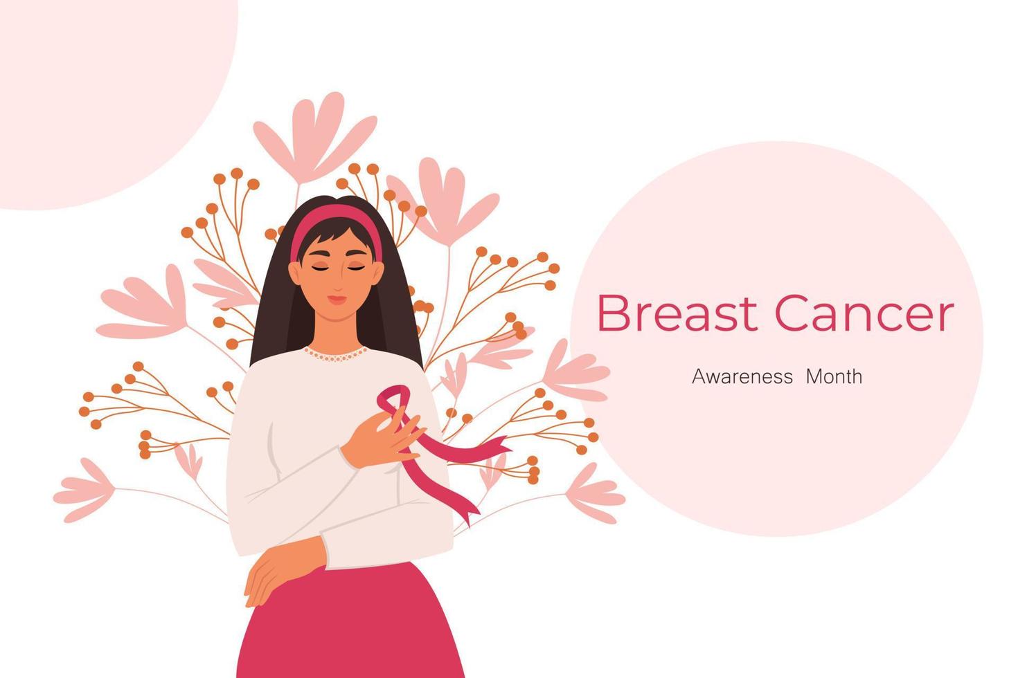 una mujer con un lazo rosa en el pecho es símbolo de la lucha contra el cáncer de mama. concepto de prevención del cáncer. ilustración vectorial plana vector