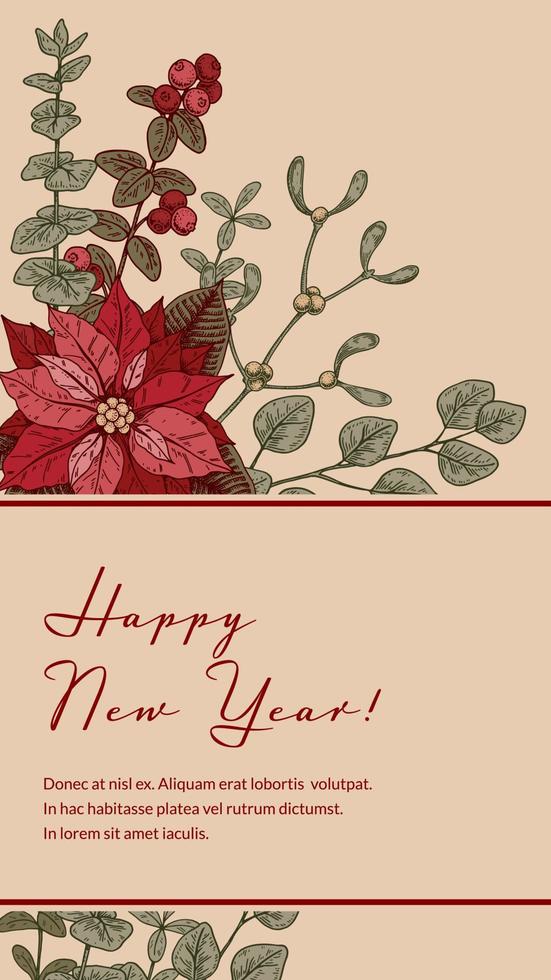 Merry Christmas and Happy New Year vertical greeting card with hand drawn poinsettia flower and mistletoe brunch. Social media stories template. Vector illustration in sketch style